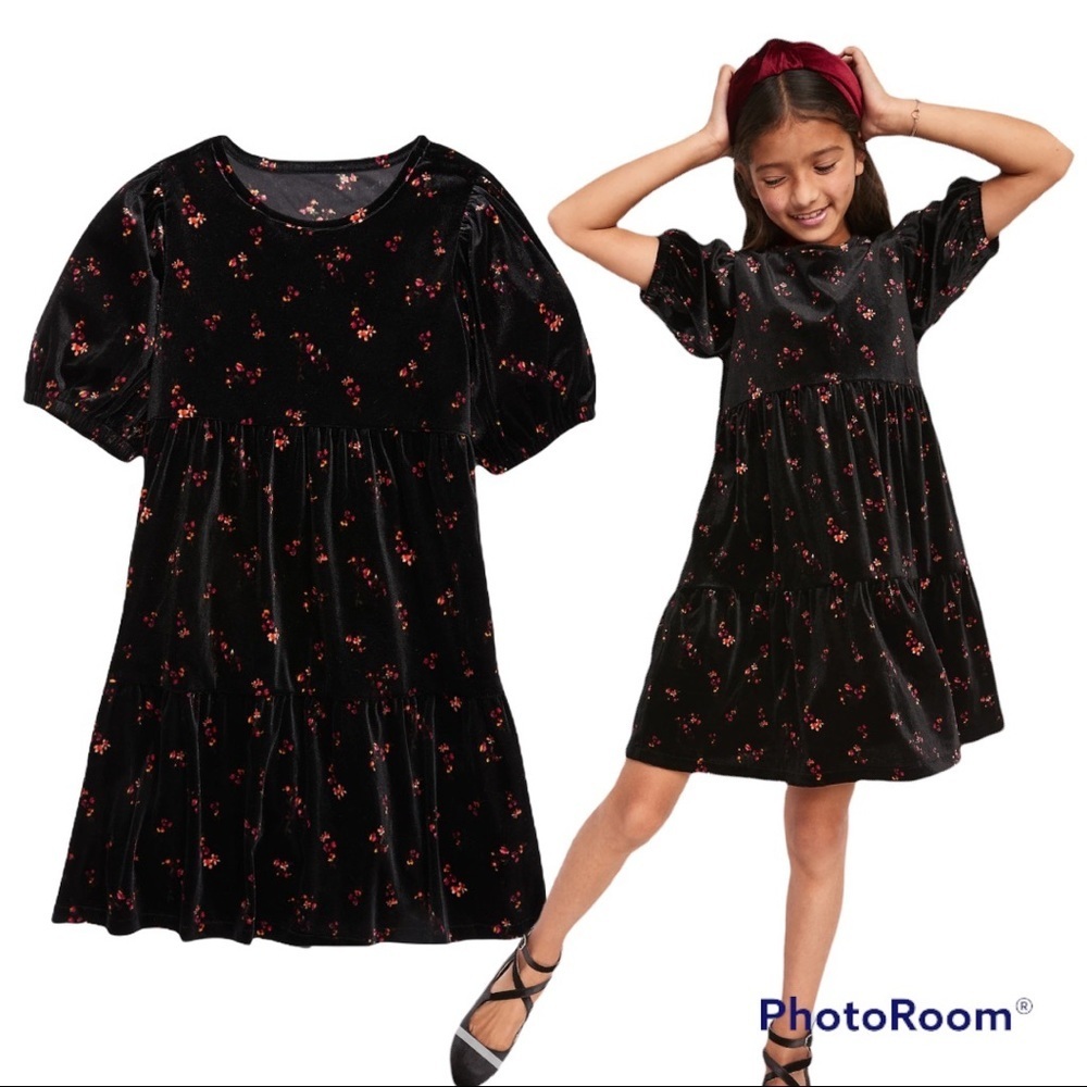 Velvet Tiered Puff-Sleeve Dress for Girls‎